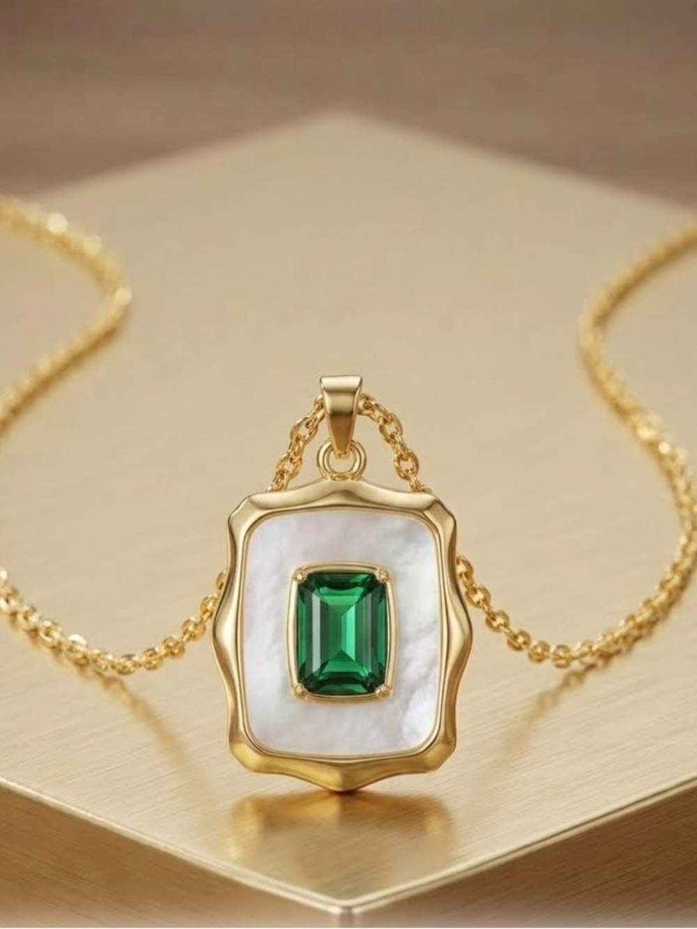 Gold Pendant Necklace with Emerald Green Center and Mother Of Pearl W/18” Chain